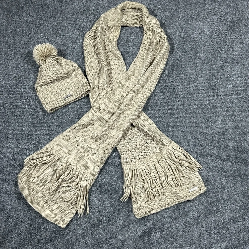 Bebe Tan Beige Cable Knit Scarf and Pom Beanie Hat Set OSFM Fringe‎ Logo